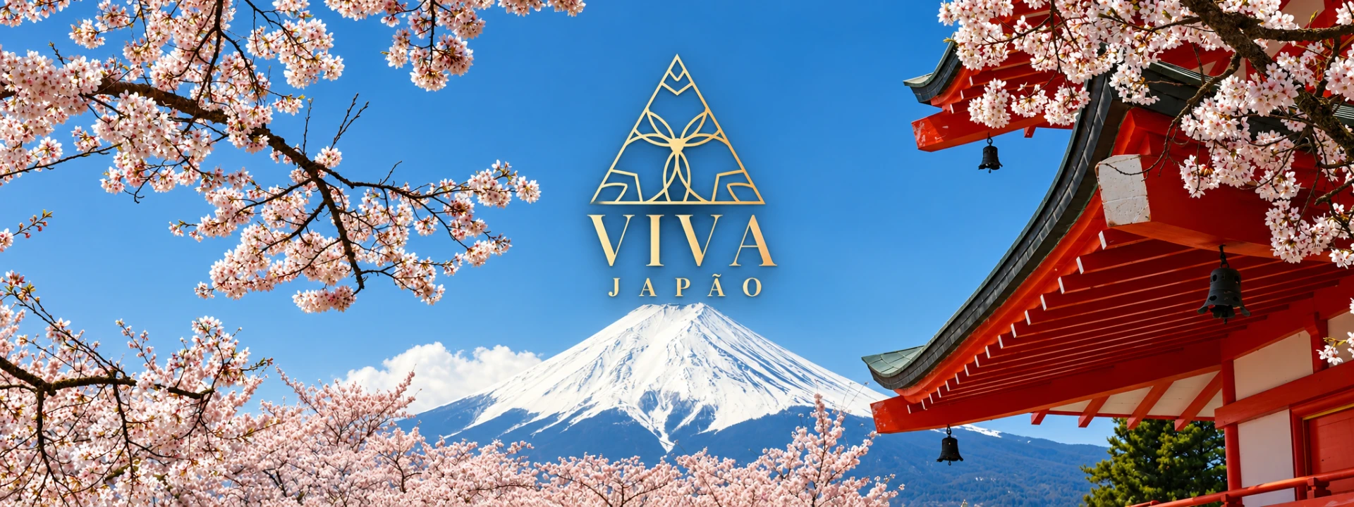 Monte Fuji emoldurado por cerejeiras em flor, telhado de pagode vermelho e a marca Viva Japão
